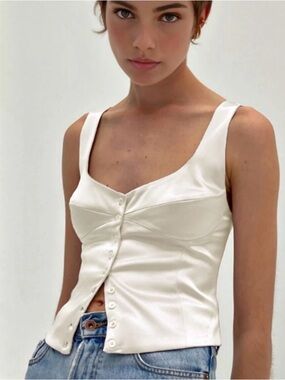 NWT Commense Cream Satin Button-Front Camisole Tank Top Small